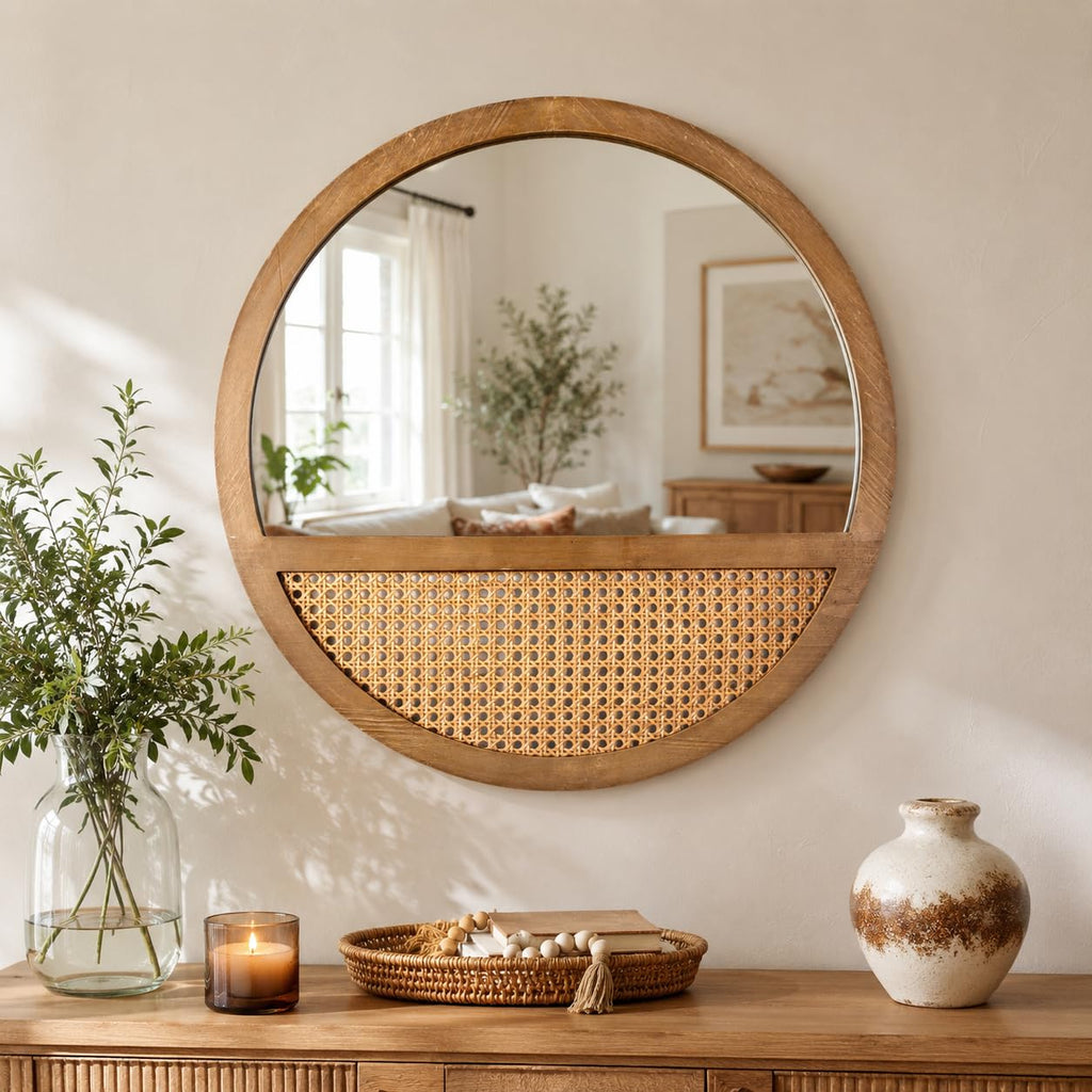 24" Rattan Round Mirror, Boho Hand-Woven Wooden Wall Mirror