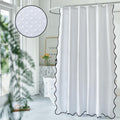 Waffle Weave Heavy Duty Fabric with Black Scalloped Border Shower Curtain, Boho Chic Cloth Shower Curtain