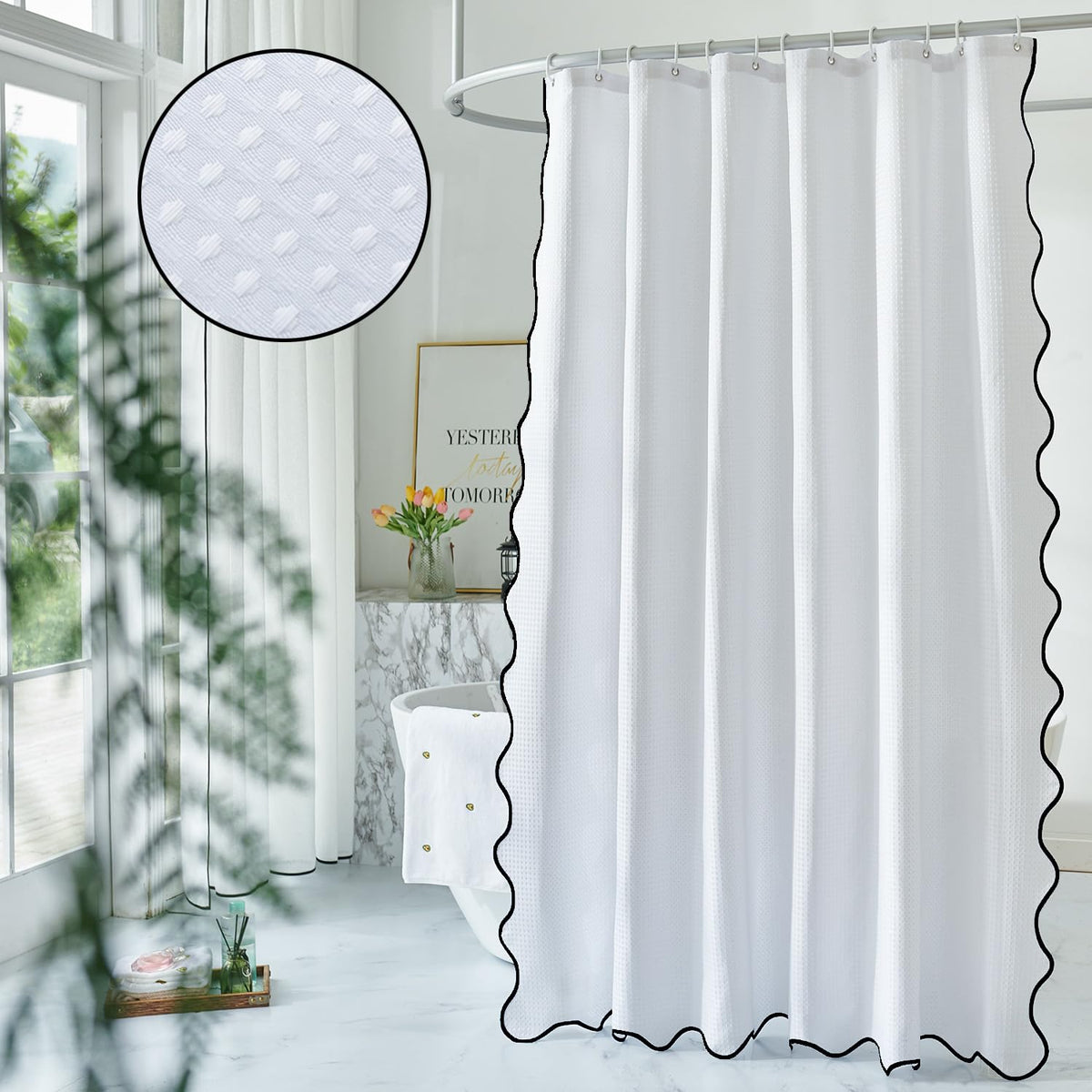 Waffle Weave Heavy Duty Fabric with Black Scalloped Border Shower Curtain, Boho Chic Cloth Shower Curtain