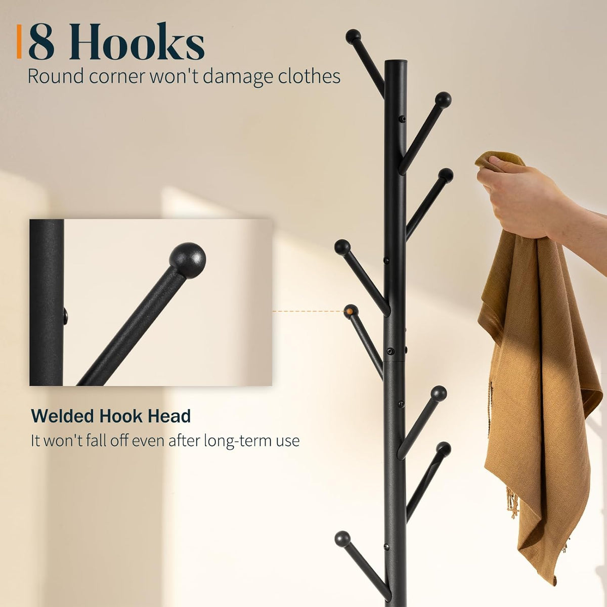 Coat Rack Freestanding with Natural Marble Base - Coat Tree with 8 Hooks Heavy Duty Coat Hanger Stand, Metal Coat