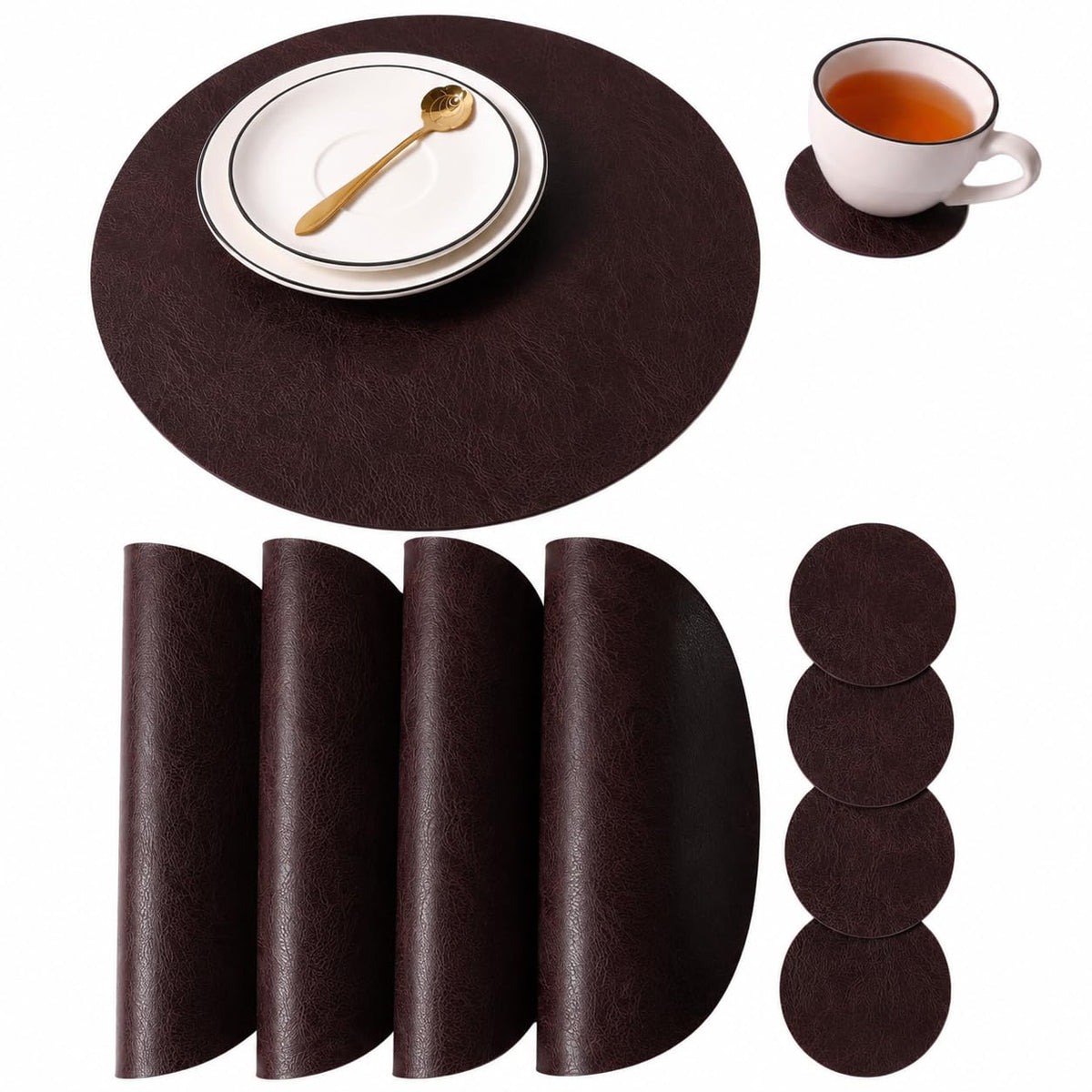 Embossed PU Leather Placemats, Waterproof Coffee Coasters, Kitchen Table Mats, Easy to Wipe Off for Dining Round Table