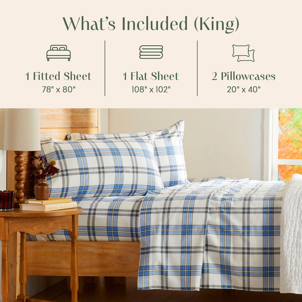 Portuguese Flannel Sheets | 100% Cotton - Plaid - Blue