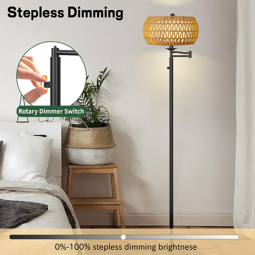 Dimmer Rattan Floor Lamp, Tall Boho Standing Lamp with Swing Arm, Hand Woven Lamp with 2 * 9W LED Bulb, Bright Tall Lamp