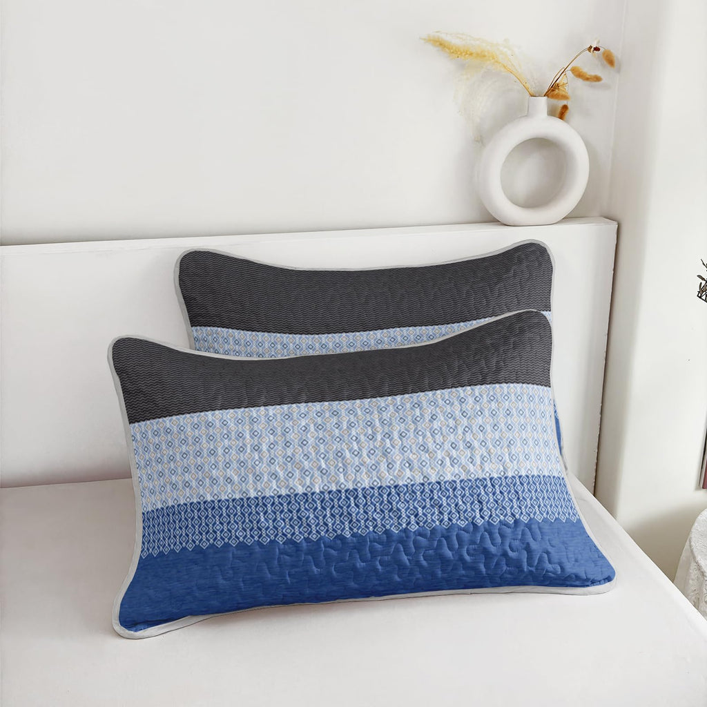 Grey and Blue Stripe Quilt Set, Grey Blue Boho Geometric Bedspread, 3 Pieces Patchwork Stripes Bed Cover