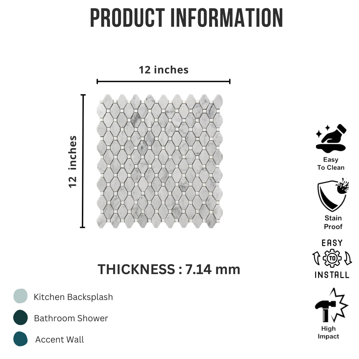 Carrara White Marble Small Rhombus Mosaic Tile - 12x12 Inch Mesh-Mounted Sheet - Natural Marble Geometric Mosaic for