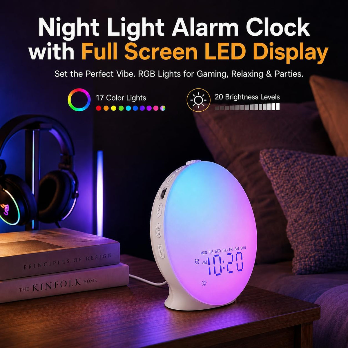 Sunrise Alarm Clock White Noise Machine with 25 Nature Sleep Sounds, Fully Dimmable Clock, Heavy Sleepers, 17 Light
