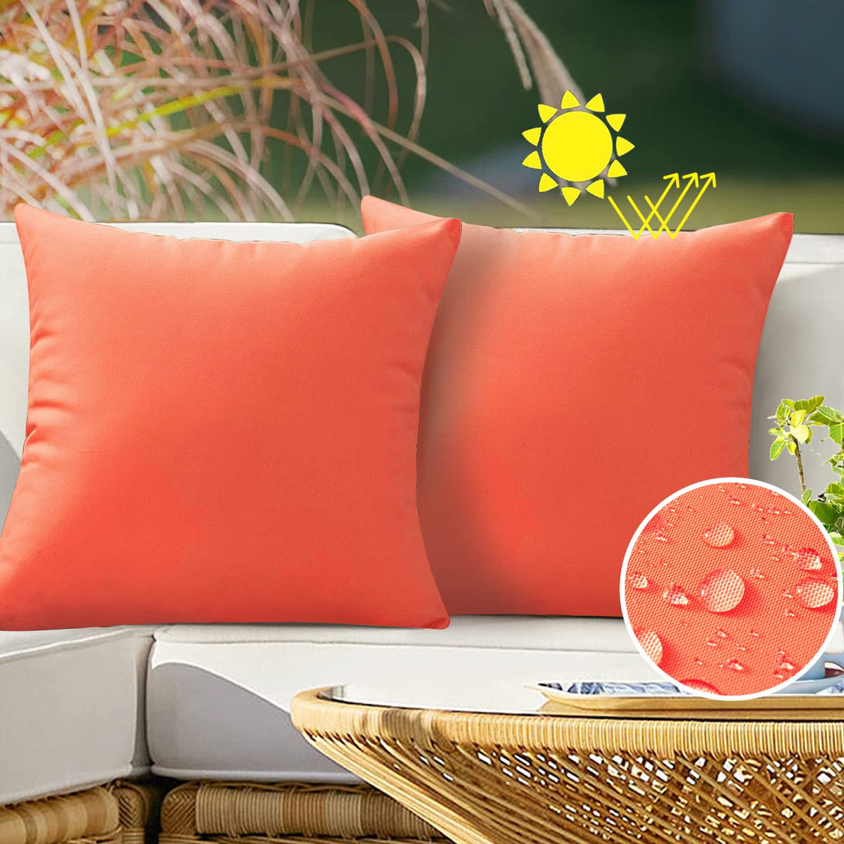Orange Waterproof Outdoor Throw Pillow Covers 26x26 Set of 2 UV Fade