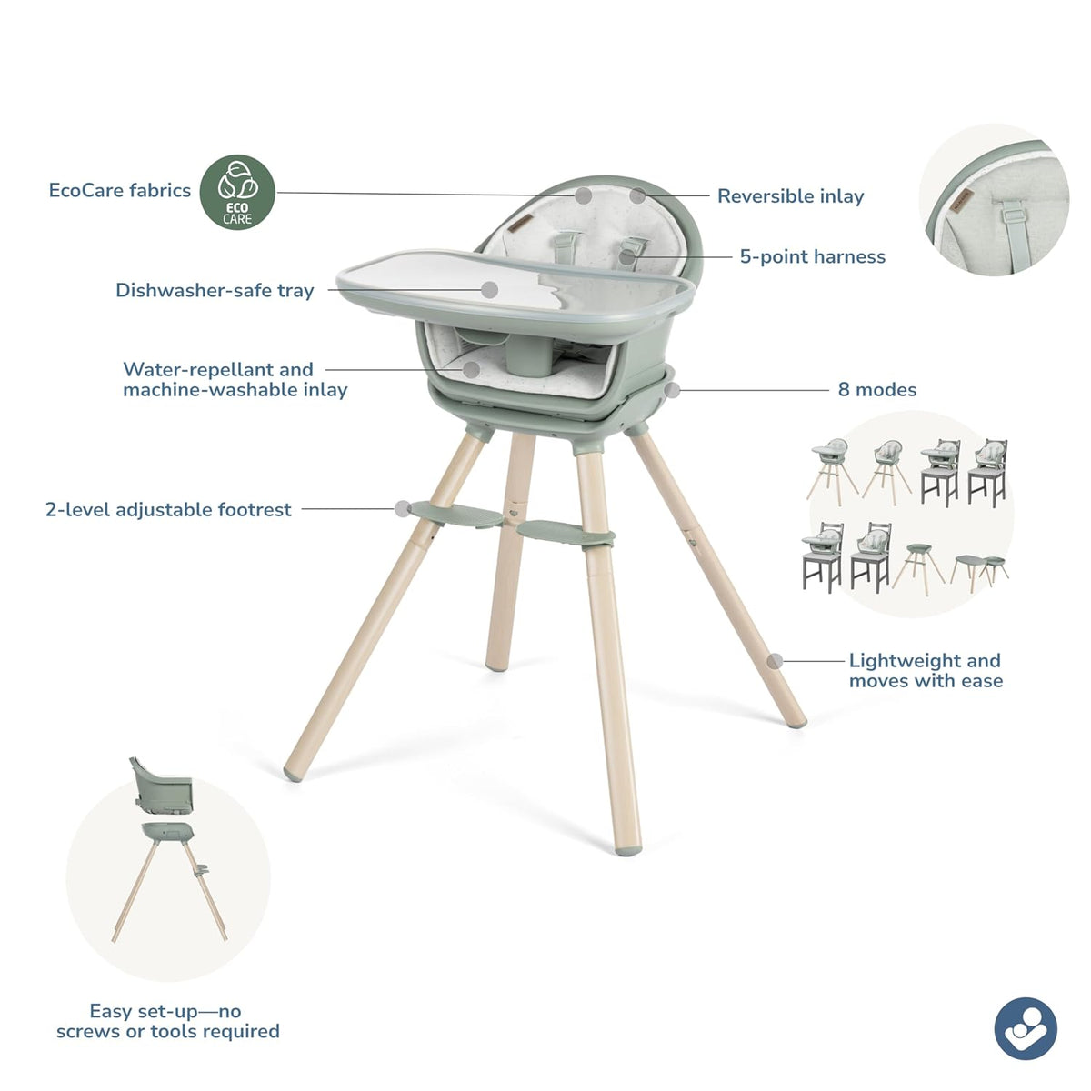 Moa 8-in-1 High Chairs for Babies and Toddlers, Machine Washable Infant High Chair, Compact, Convertible to Booster