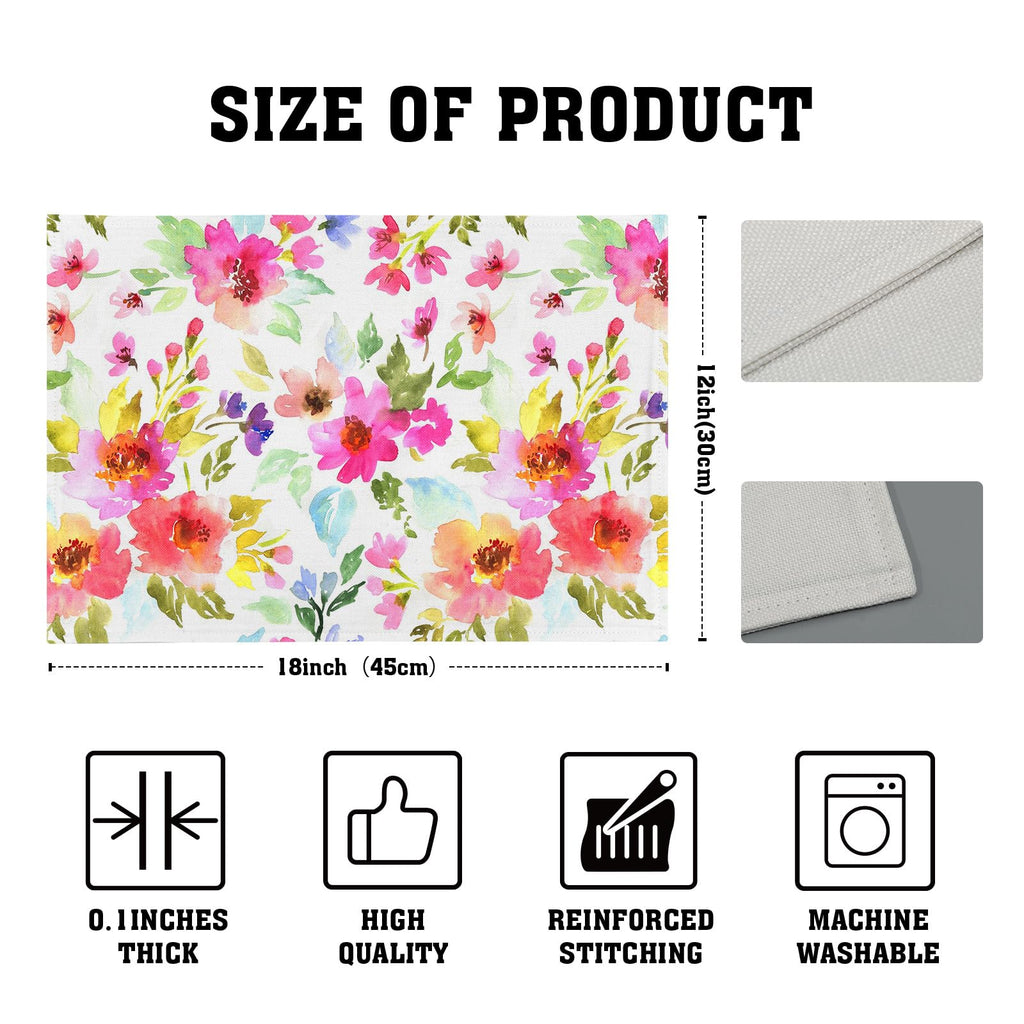 Spring Summer Floral Placemats Set of 6 18x12 Inch Watercolor Flowers Colorful Linen Place Mat Heat-Resistant