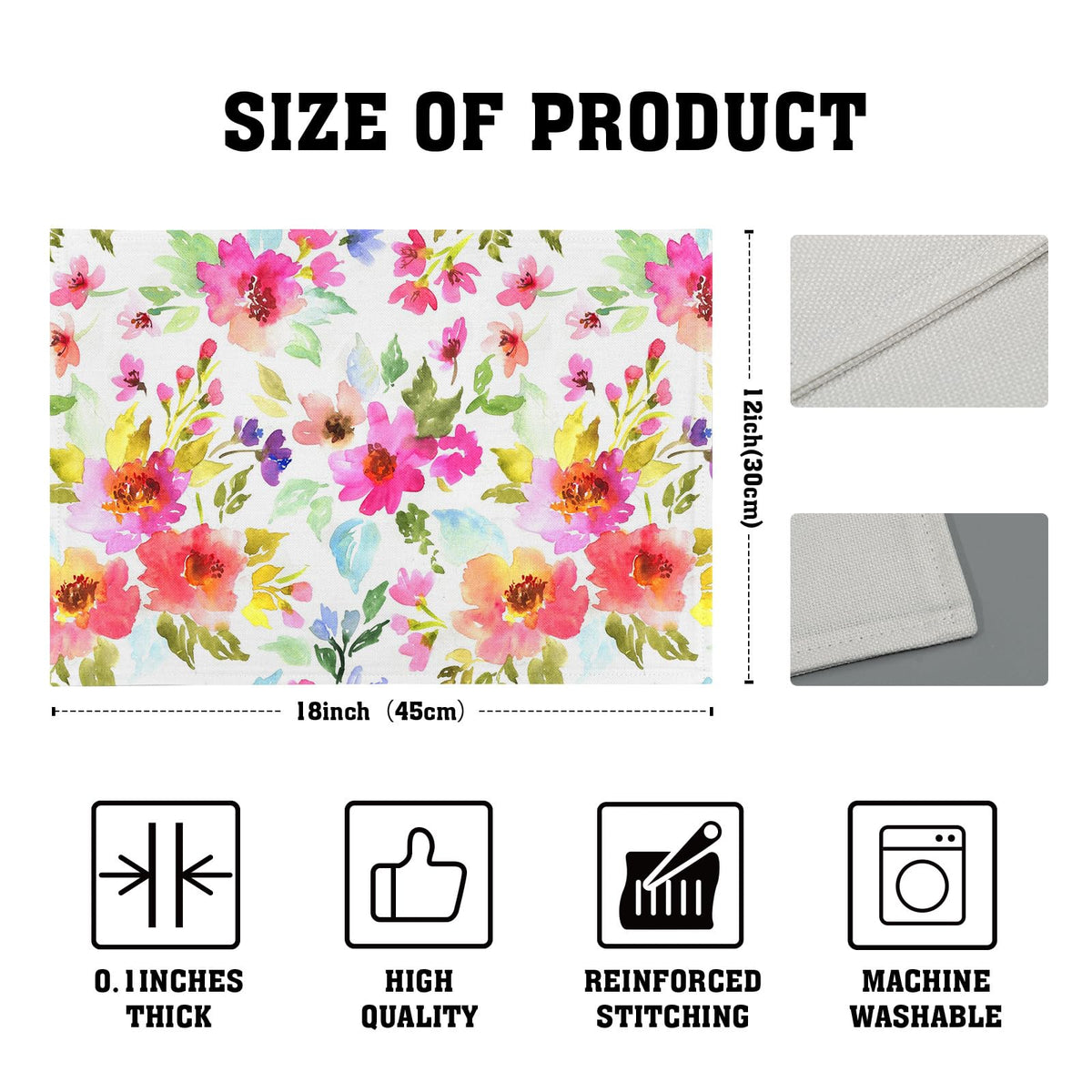 Spring Summer Floral Placemats Set of 6 18x12 Inch Watercolor Flowers Colorful Linen Place Mat Heat-Resistant