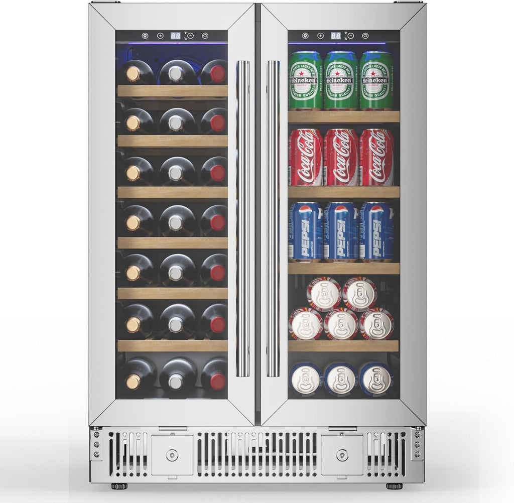 Wine and Beverage Refrigerator, 24 Inch Dual Zone Wine Cooler with Glass Door&Lock, Built