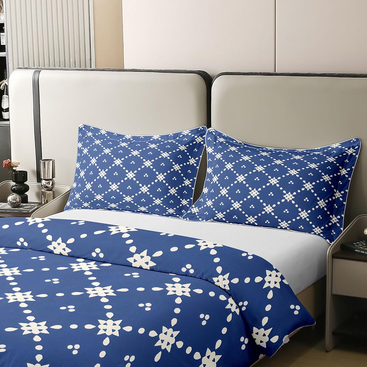 Navy Blue 100% Cotton Bedding Set Boho Floral Geometric Comforter Cover Modern Abstract Texture Duvet Cover
