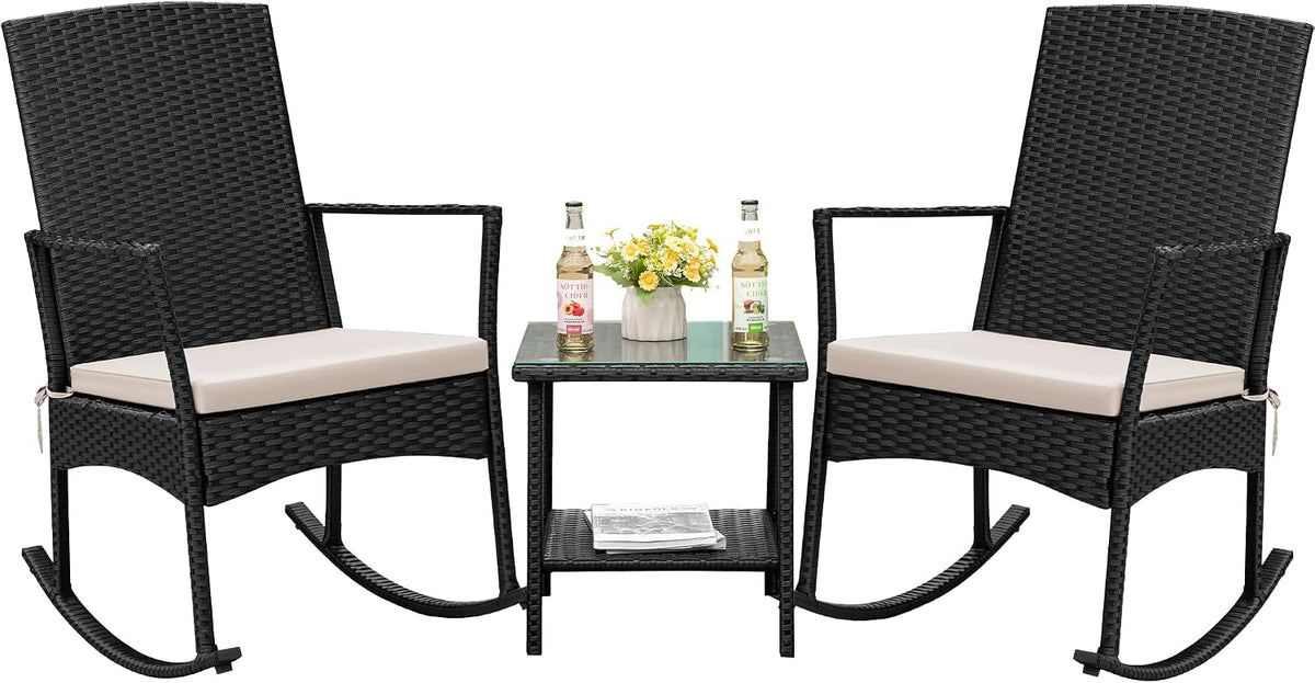 Rocking Chair Outdoor High Back Patio Chairs with Table,Beige | PE Rattan Porch Rocker Patio Conversation Sets for