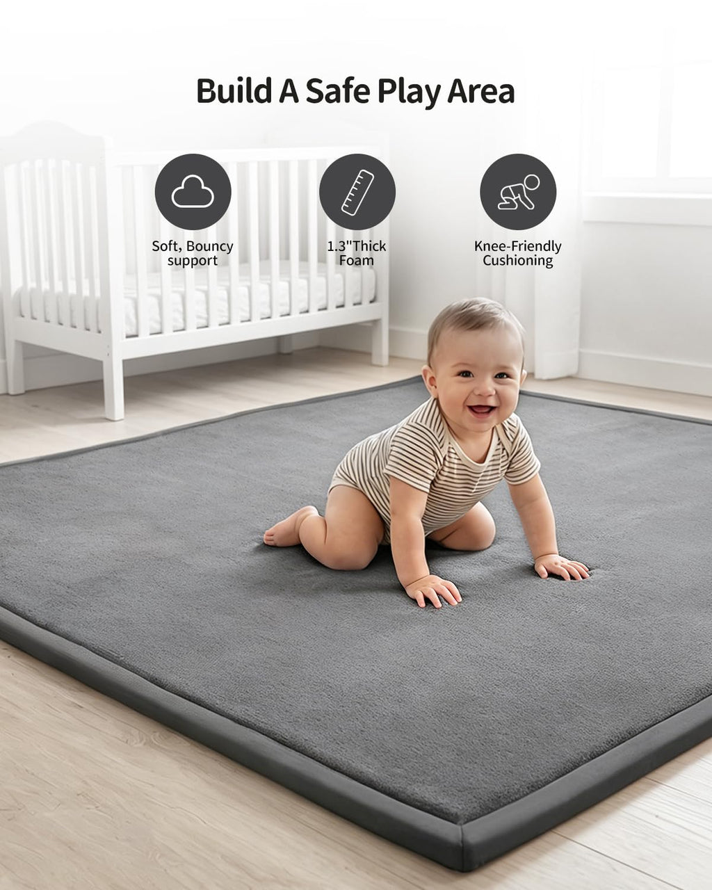 Soft Baby Play Mat for Floor, 50x50 Playpen Mat Elasti-Foam Padded 1.3" Thick Crawling Nursery Mat, Non-Slip Backing