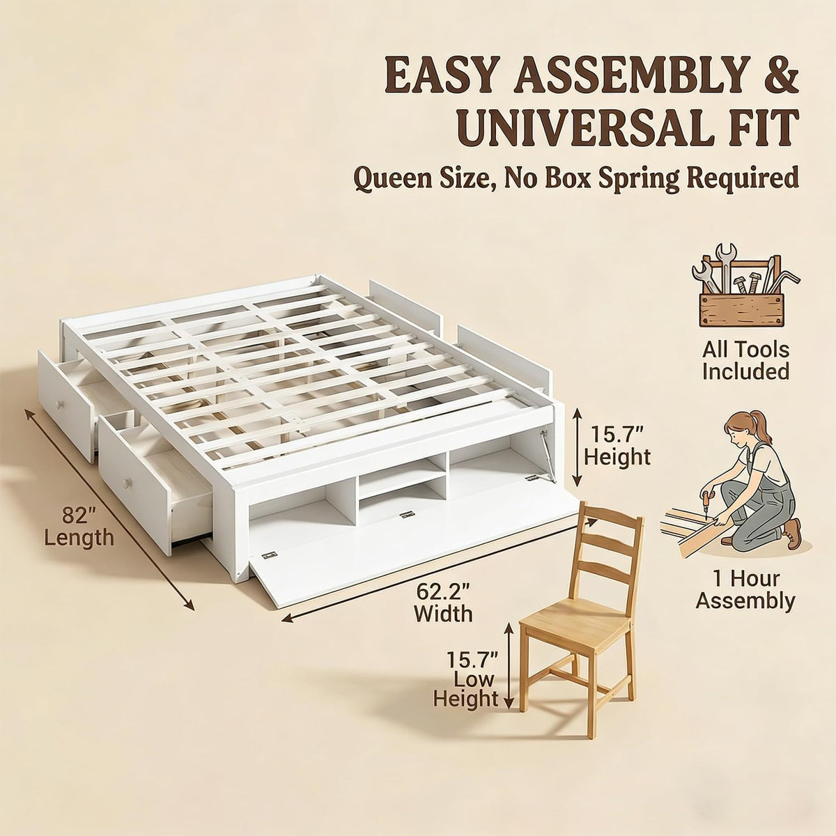 Farmhouse Wood Bed Frame, Japanese Low Platform Wooden Beds Frames with 4 Drawers & Concealed Hydraulic