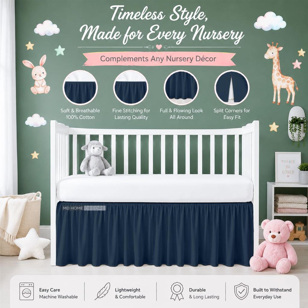Cotton Crib Bed Skirt Dust Ruffle with Split Corners, 14" Drop, Navy Blue