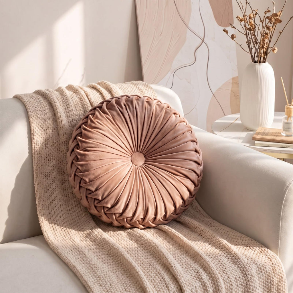 Round Velvet Pillow for Couch Small Handmade Decorative Throw Pillow for Bed Bedroom 13.7" Light Brown
