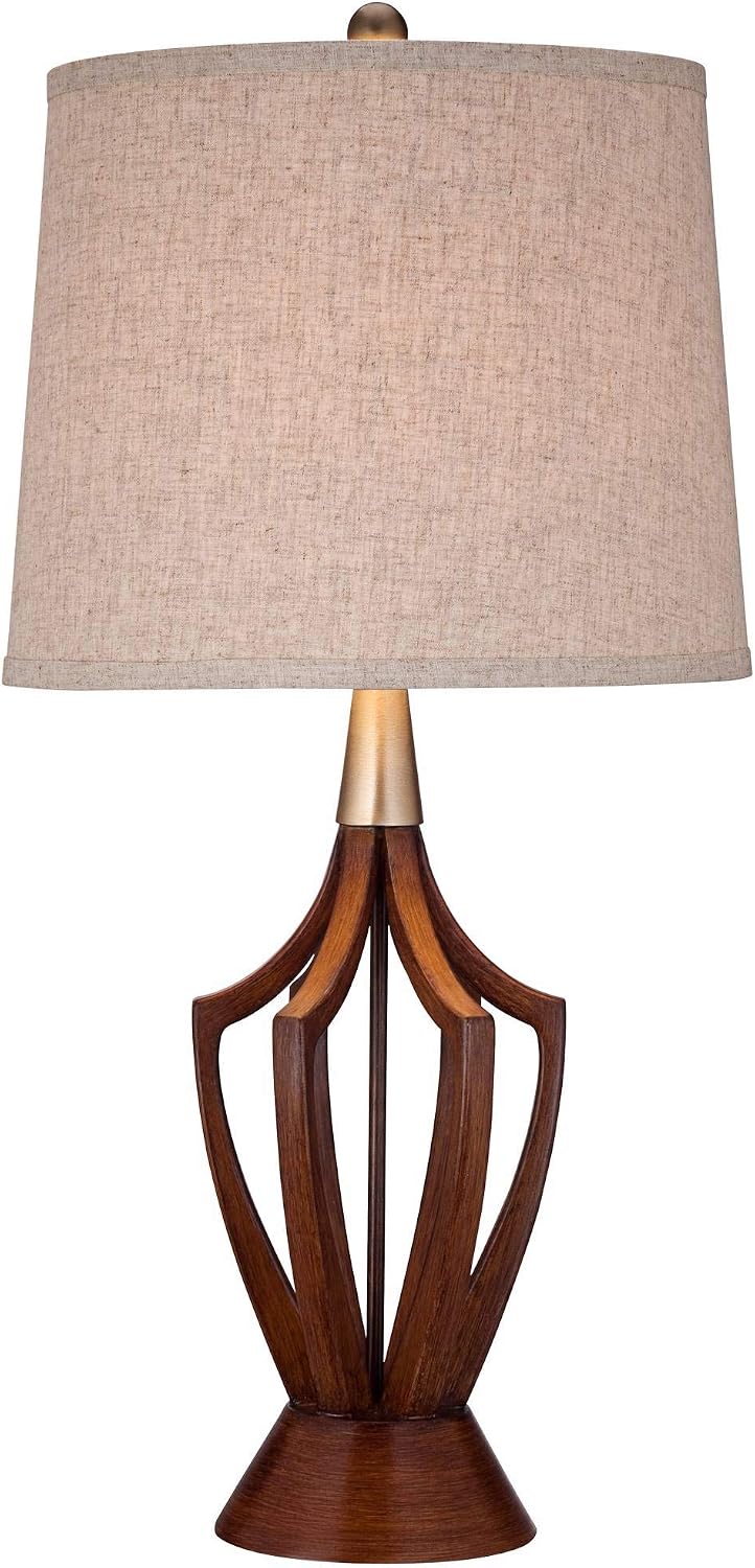 St. Claire Mid Century Modern Table Lamp 30 3/4" Tall Wood Brown Open Vase Taupe Fabric Drum Shade Living Room House