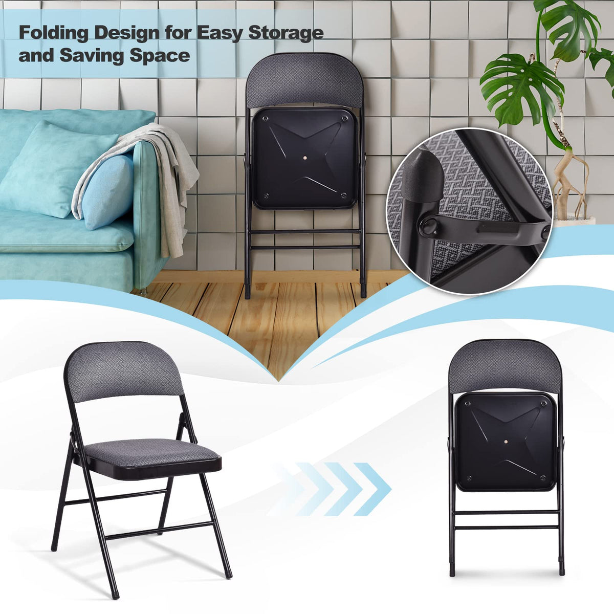 6 Pack Folding Chairs, Fabric Dining Chair Set with Padded Seat & Metal Frame, Indoor Outdoor Upholstered Commercial