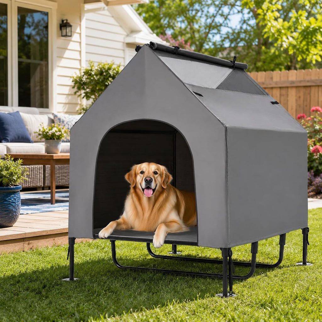 48" Large Dog House Outdoor for Large Dogs, 2-in-1 Waterproof Dog House & Elevated Dog Bed with Removable Canopy