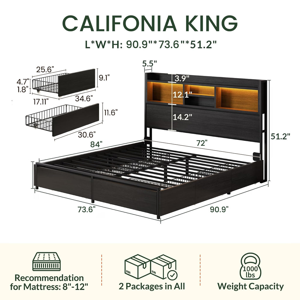 California King Size Bed Frame with 6 Storage Drawers and Headboard Wooden Platform Bed Frame with LED Lights and