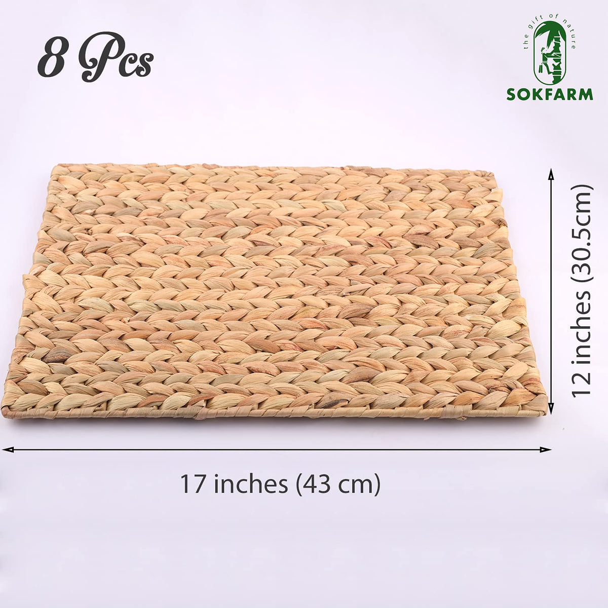 Water Hyacinth Rectangular Placemats Set of 8, 17 x 12 Inch Woven Rattan Table Mats for Dining Table, Heat Resistant