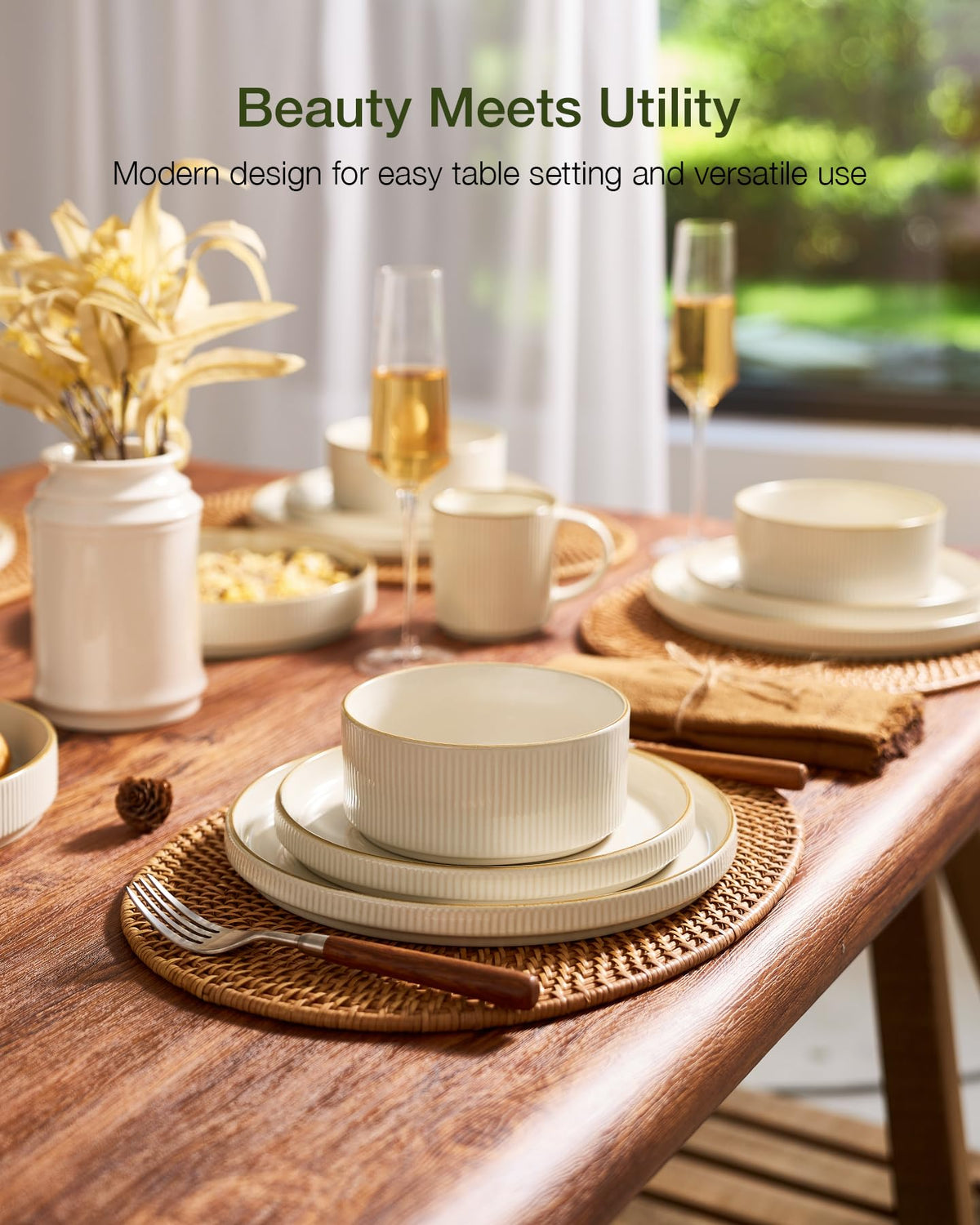 Stoneware Dinnerware Set with Mugs, Plates and Bowls, Dishes for 6