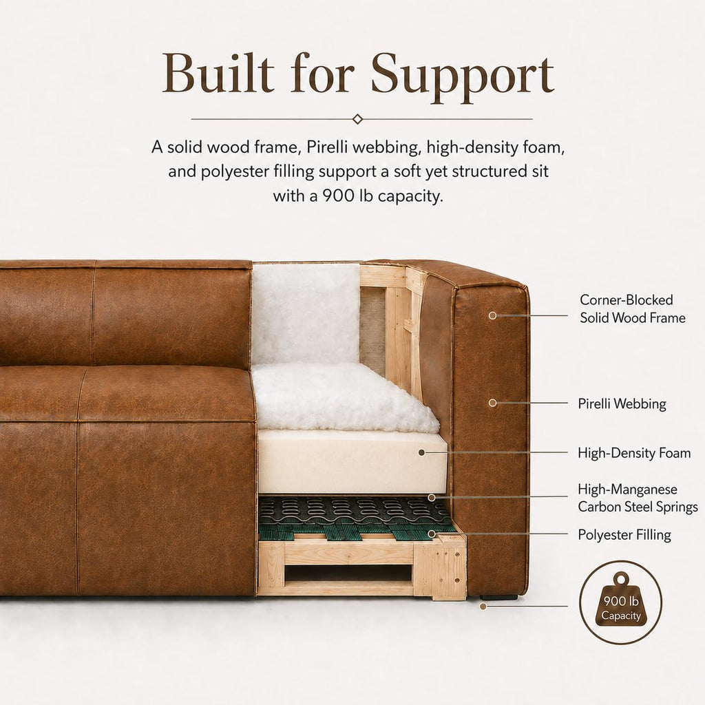 90.94-Inch Cognac Tan Faux Leather Sofa, Large 3-Seater Couch
