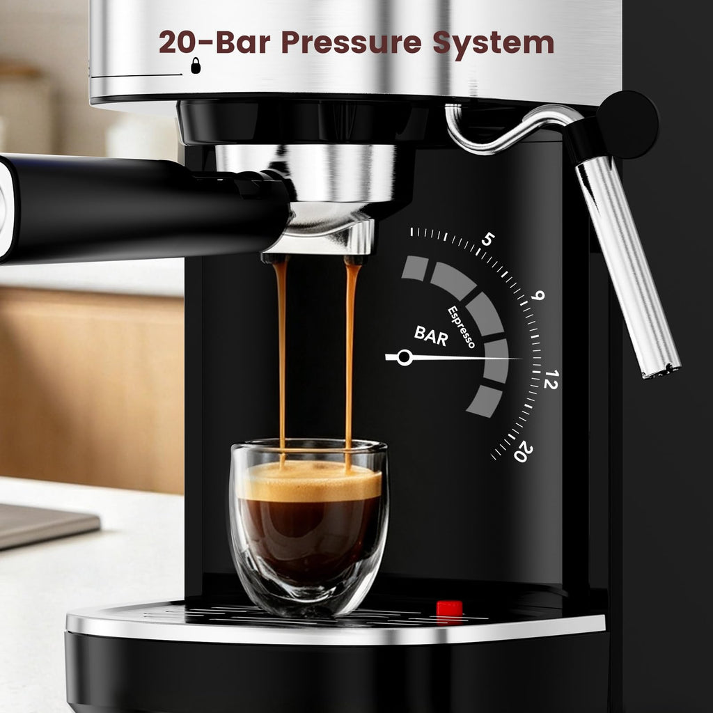 20 Bar Espresso Maker, Semi-Auto Steam Frother, 1.2L, Black