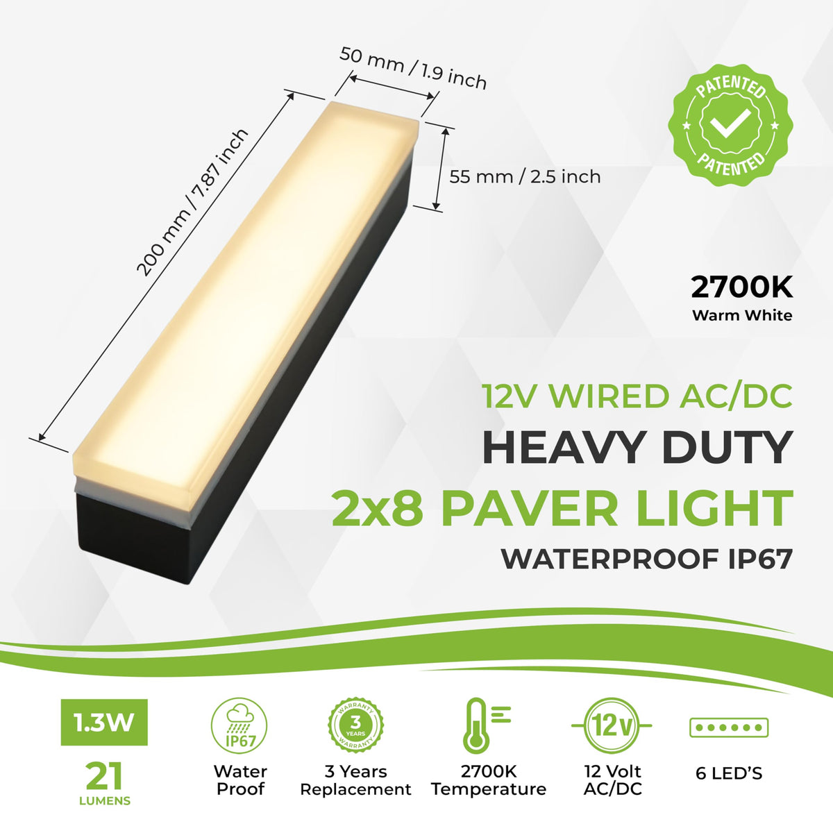 Paver Light 2x8 Inch (1.97x7.87), 2700K Warm White, Glare-Free Brick Lighting for Driveways, Walkways, Pool Decks