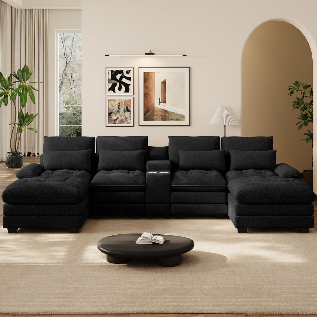 134" U-Shaped Shimmer Chenille Sectional Couch, Black