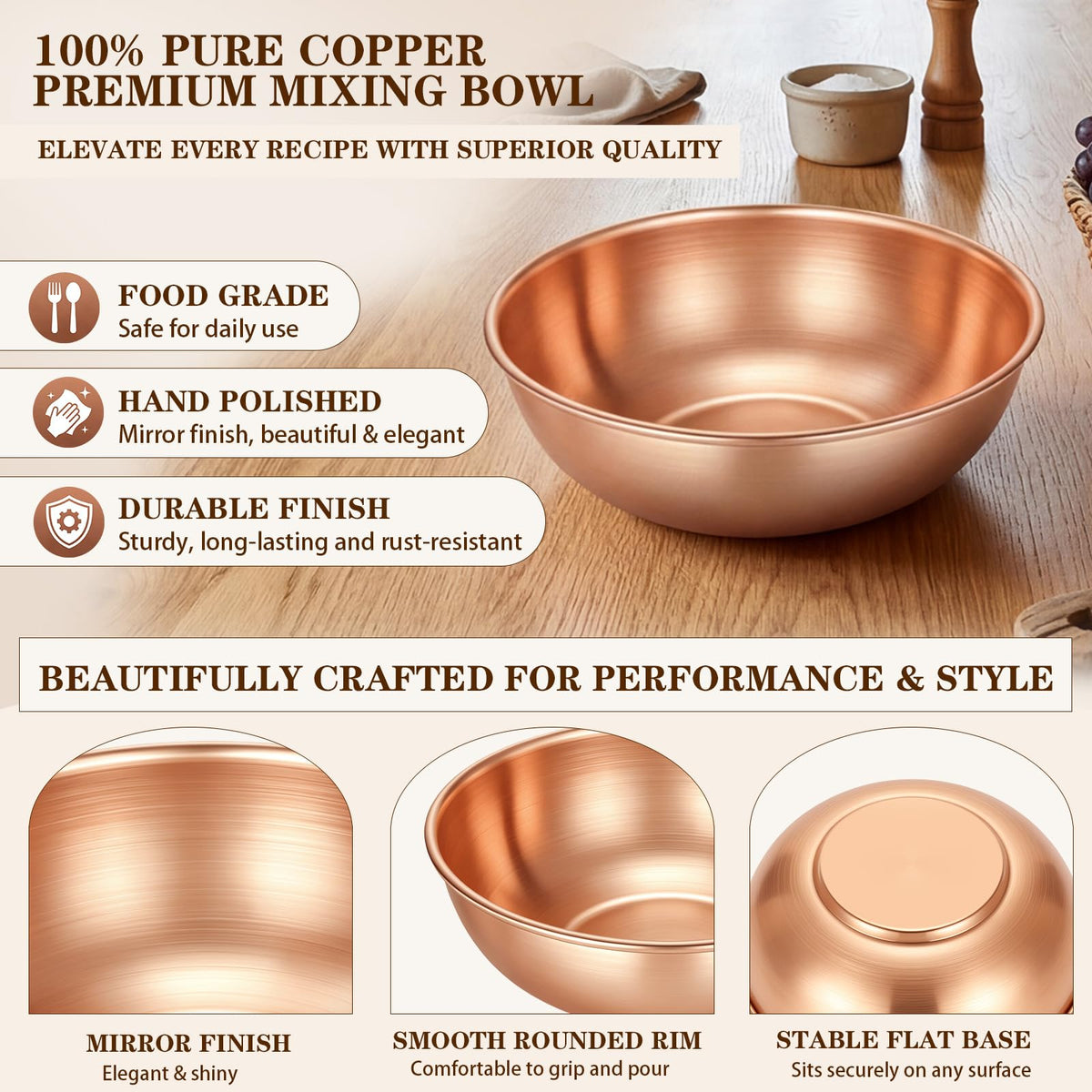 7.36 Inch Pure Copper Mixing Bowl 1.5 Qt Salad Bowl Hand Wash Only, Classic