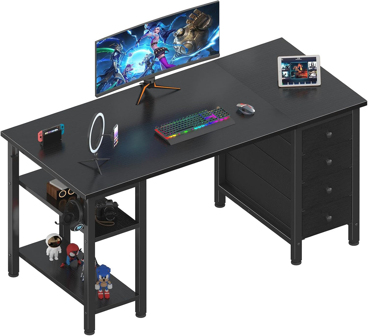 Gaming Desk with 4 Fabric Drawers & Storage Shelves, 47 inch Computer Writing Work Study Desk Bedroom