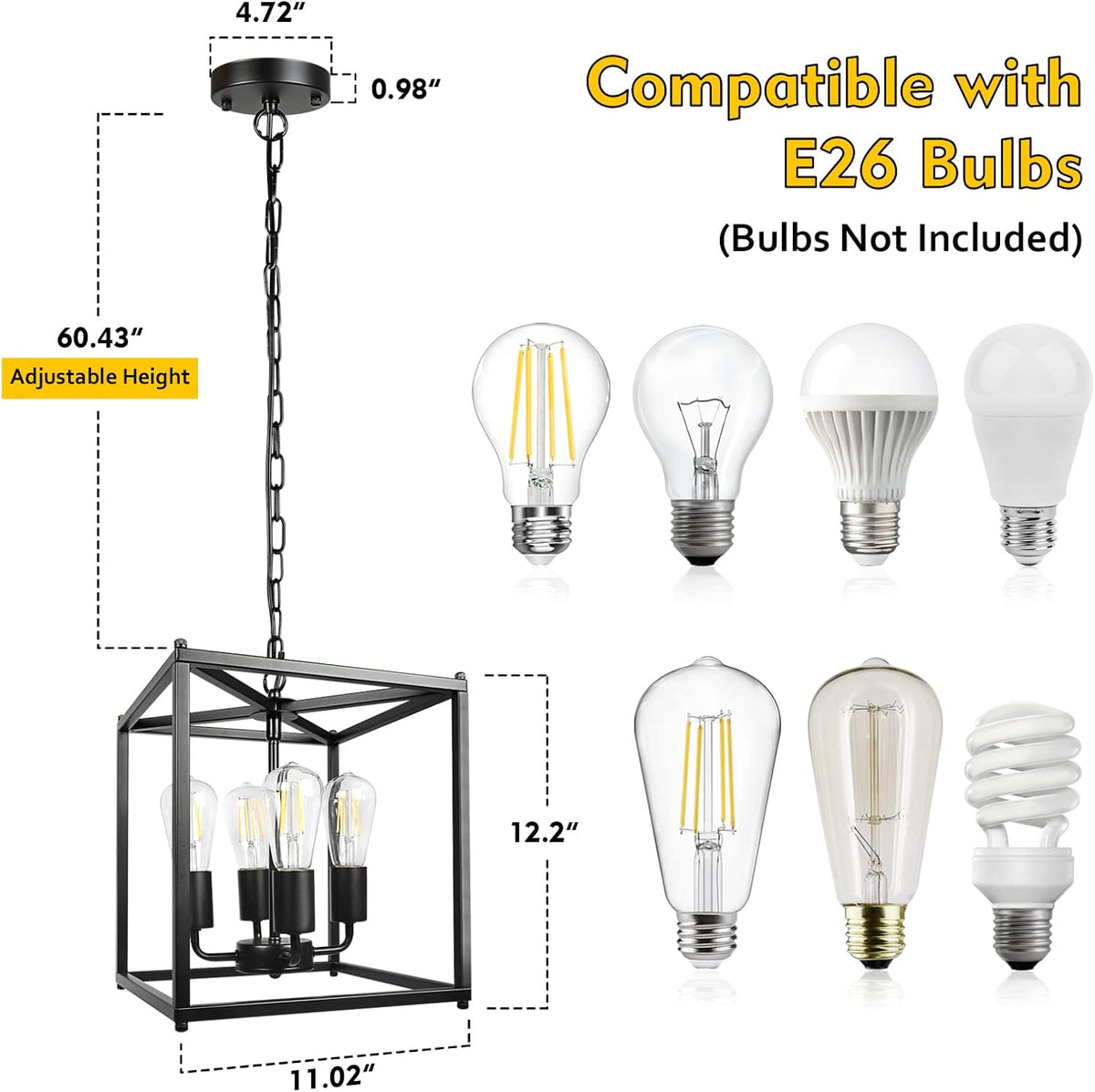 4-Light Black Farmhouse Chandelier, Iron Lantern Pendant Light Rustic Cage Adjustable Height, E26 Base Industrial Hanging Lights for Kitchen Island Dining Room Hallway Foyer Entryway