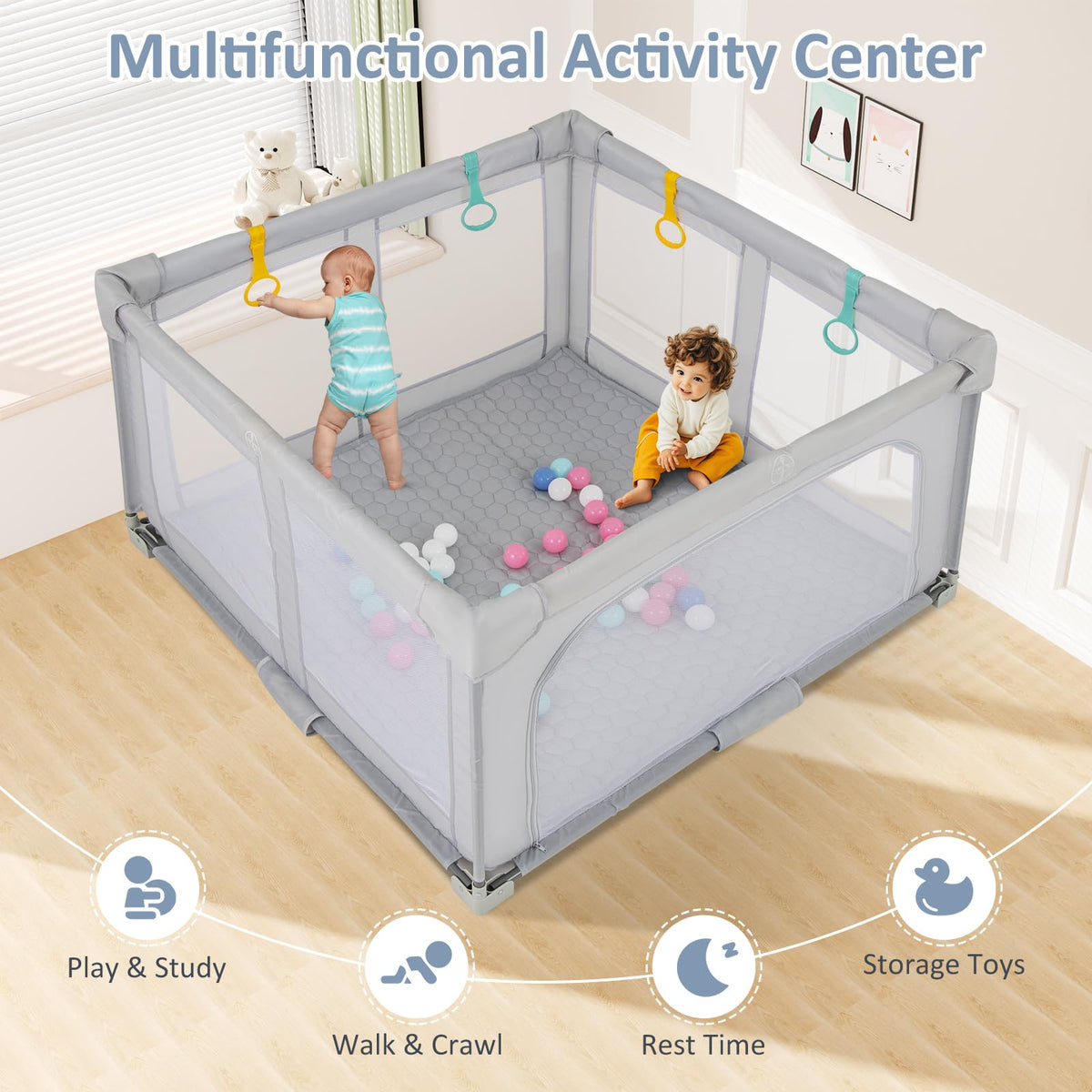 Foldable Baby Playpen with Mat, 50" x 50" Large Baby Play Yard for Infant with 50 Ocean Balls, 4 Handlers, Carry Bag