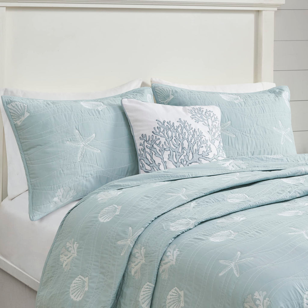 Seaside Reversible Cotton Quilt Set Coastal Clam, Starfish, Coral Embroidery, All Season, Pre-Washed Coverlet Bedding