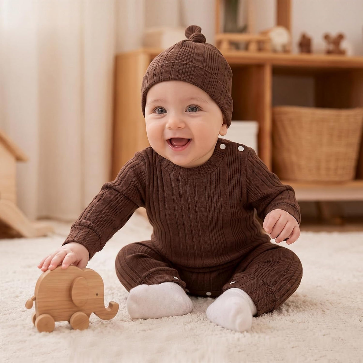 Baby Girl Ribbed Romper Hat Set Long Sleeve Infant Fall Outfit
