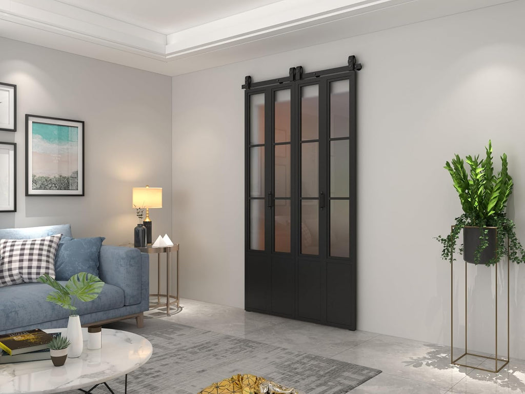 48 in. x 84 in. 3/4 Lites Frosted Glass Black Steel Frame Double Bi-Fold Barn Doors with Hardware Kit and Door Handle