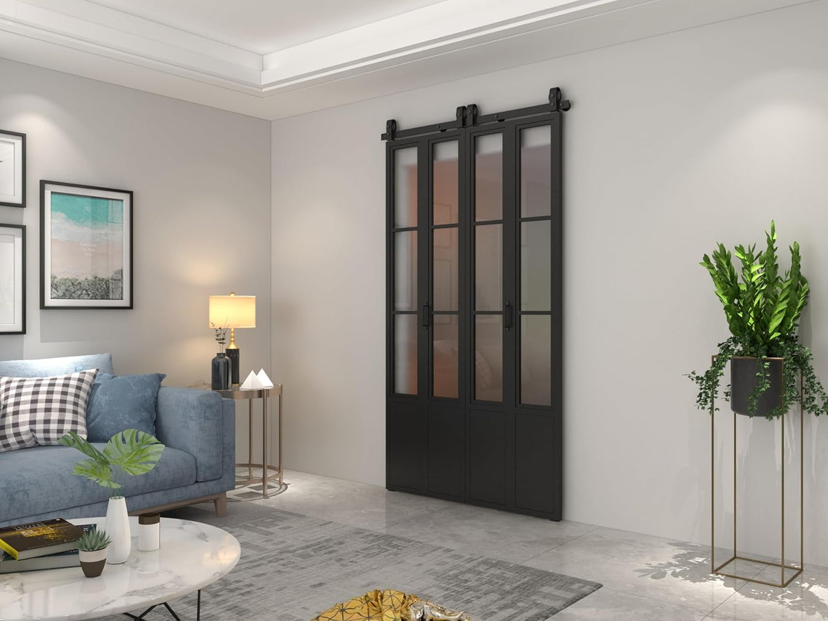 48 in. x 84 in. 3/4 Lites Frosted Glass Black Steel Frame Double Bi-Fold Barn Doors with Hardware Kit and Door Handle