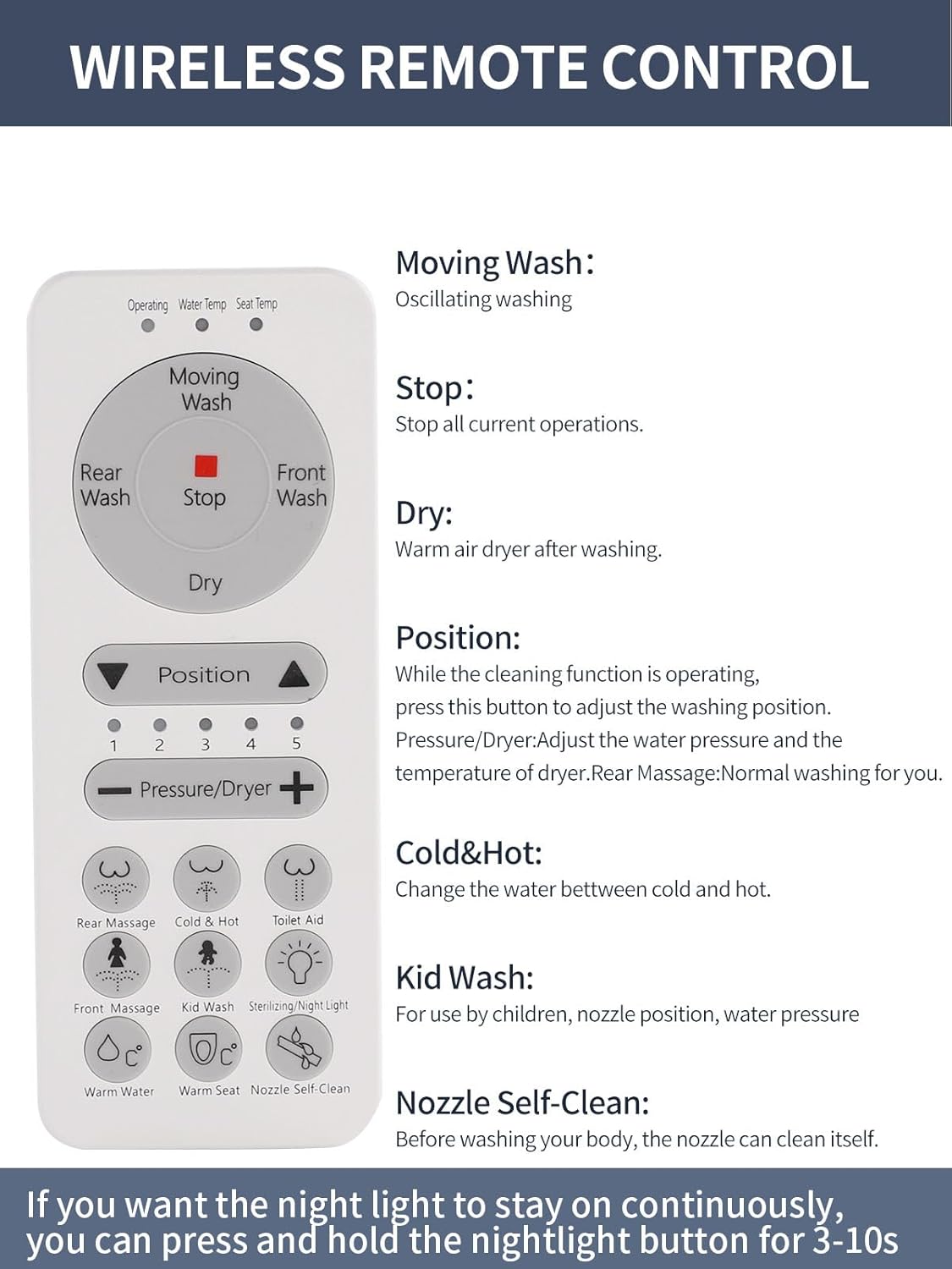 Elongated Smart Bidet Toilet Seat with Remote Control, Heated Seat, Warm Water Wash, Warm Air Dryer, Multiple Spray Modes for Adults and Children