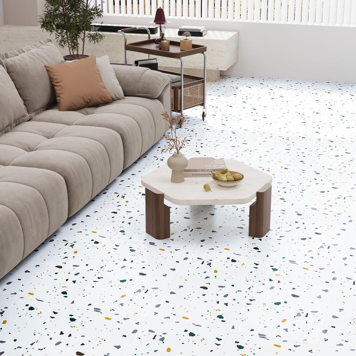 12"x12" 20 Pack Modern White Terrazzo Floor Tiles Peel and Stick Waterproof Bathroom Vinyl Flooring Sticky Tiles for