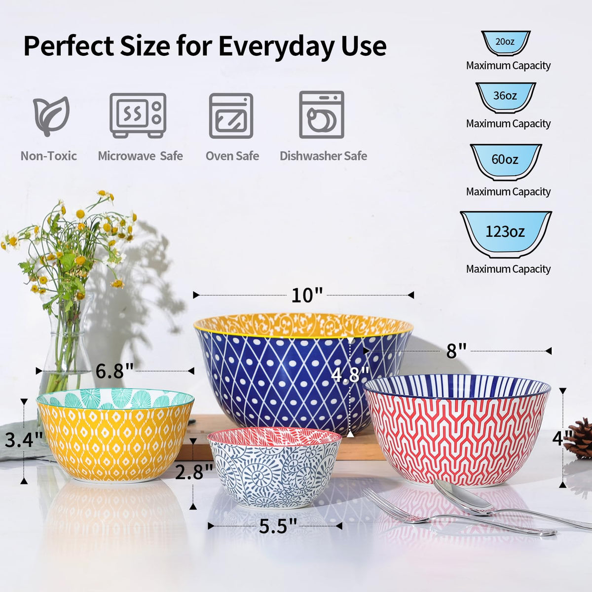 Ceramic Mixing Bowls Set of 4, 20/36/60/123 oz, Assorted Colors