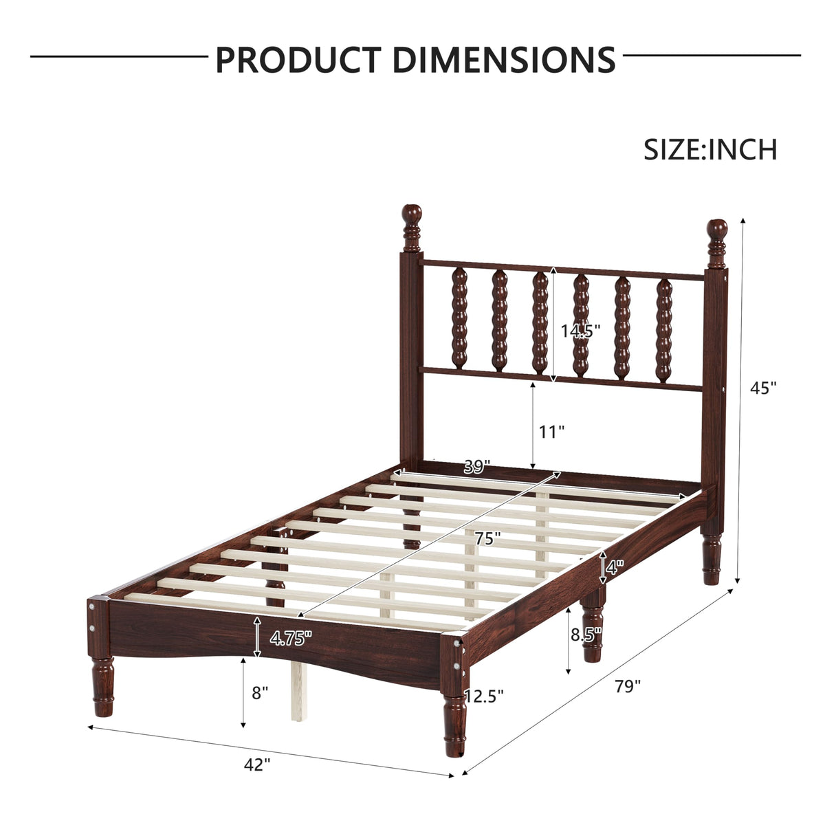 Walnut Wood Bed Frame Traditional with Spindle Headboard, Vintage Platform Bed Frames, Retro Bedframe
