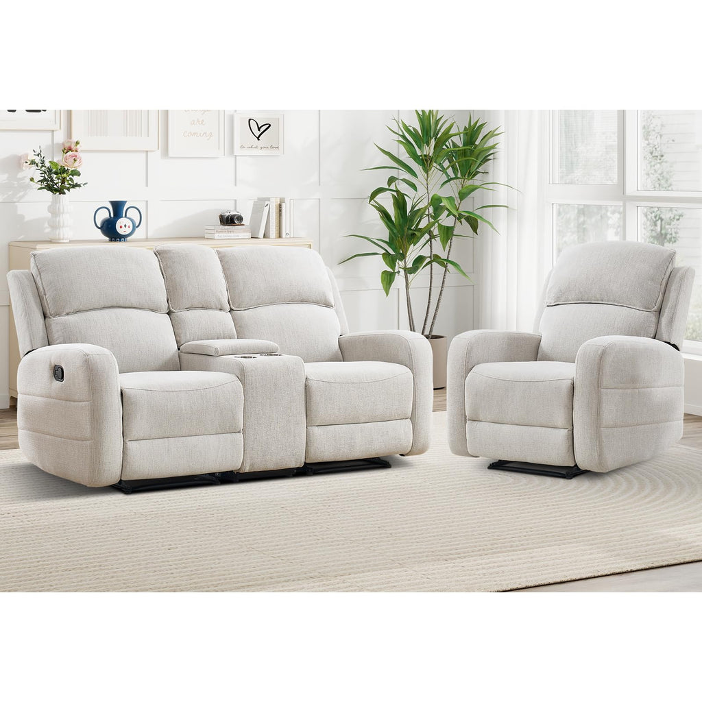 Manual Living Room Furniture Reclining Couch Set, Soft Fabric Recliner Chair and Loveseat Sofa Couch for Meeting