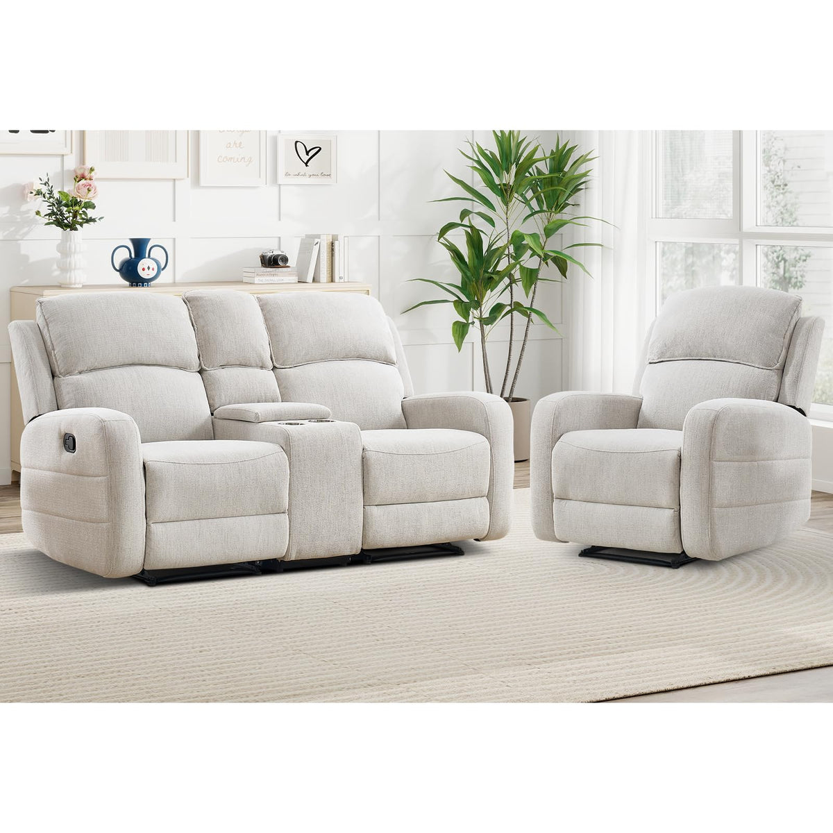 Manual Living Room Furniture Reclining Couch Set, Soft Fabric Recliner Chair and Loveseat Sofa Couch for Meeting