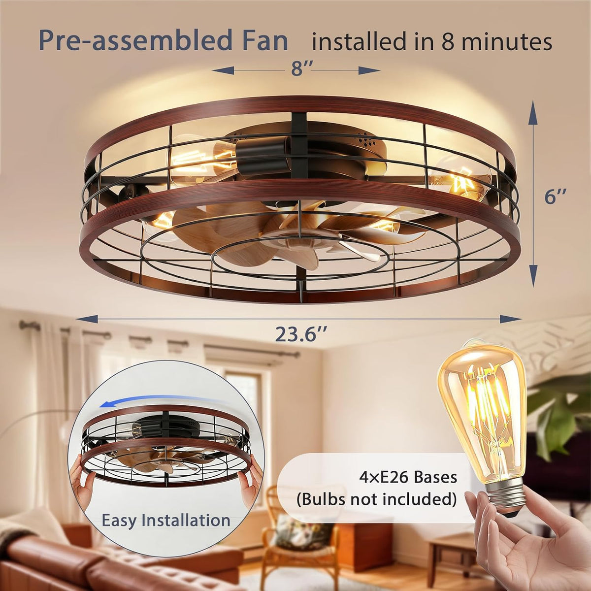 23.6" Flush Mount Caged Ceiling Fan with Light & Remote