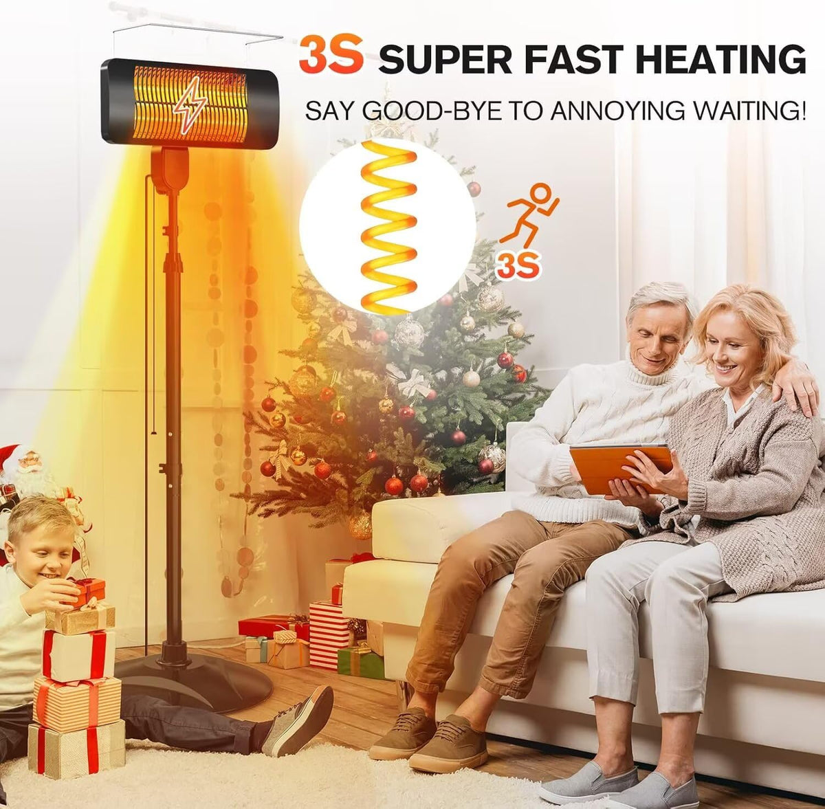 Outdoor Heaters, 1500W, 3 Heat Modes & 12H Timer, IP54 Waterproof Electric Heater with Adjustable Height, Tip-Over
