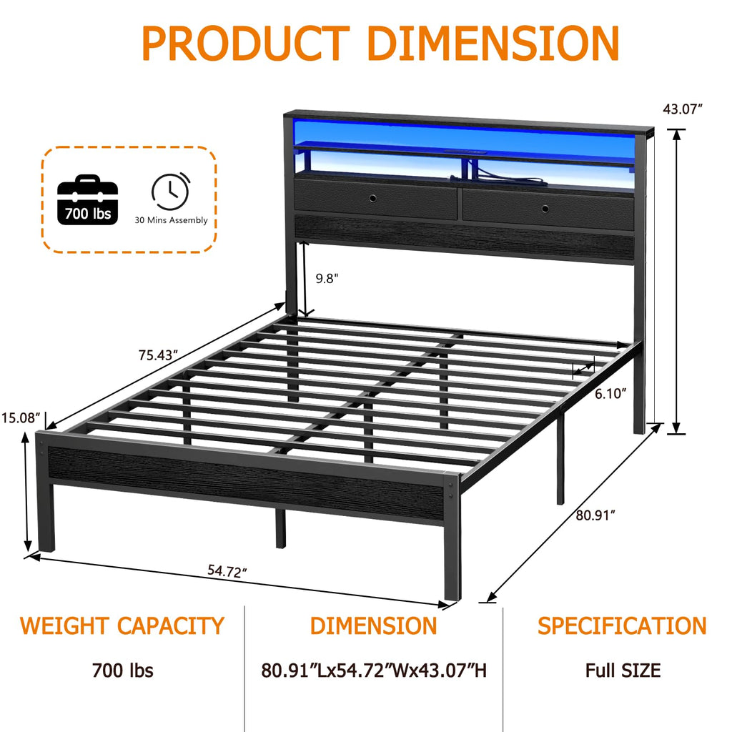 Full Size Bed Frame with Headboard & 2 Fabric Drawers, Black Oak