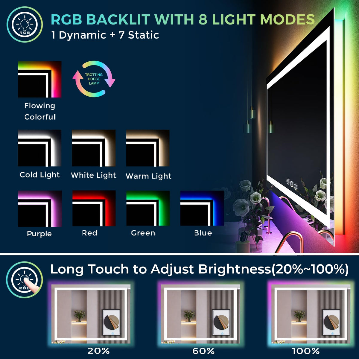 51x40 LED Bathroom Mirror with Lights, RGB Backlit Lighted Mirror