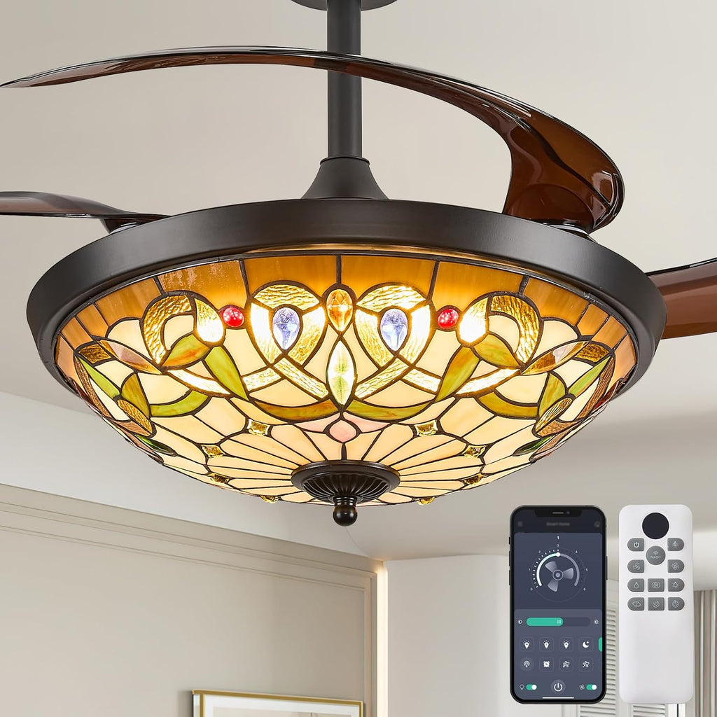 48" Tiffany Retractable Ceiling Fan with Light - (Gem Art, Black)